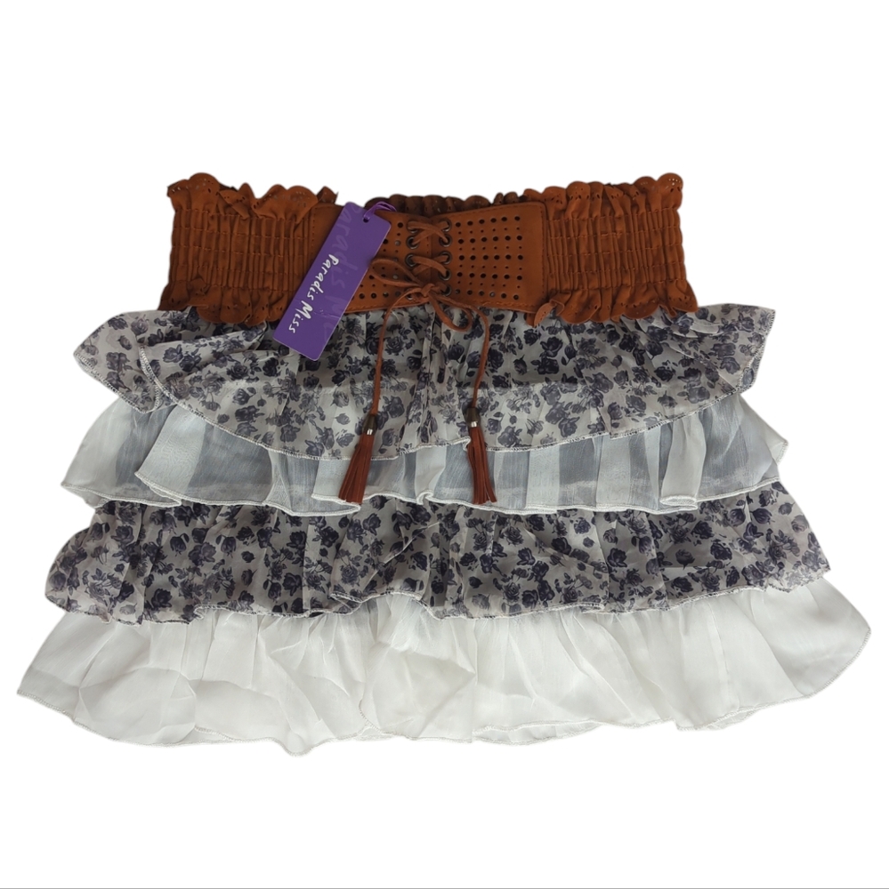 NWT Paradis Miss Floral Ruffle Tiered Mini Skirt SMALL Brown Black Off White